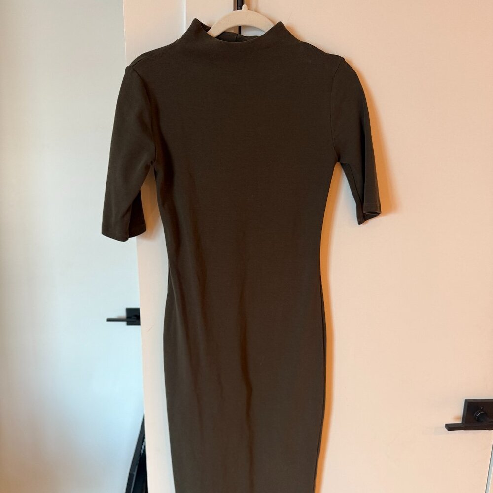 Zara Olive Green Cotton Mock Turtleneck Midi Dress